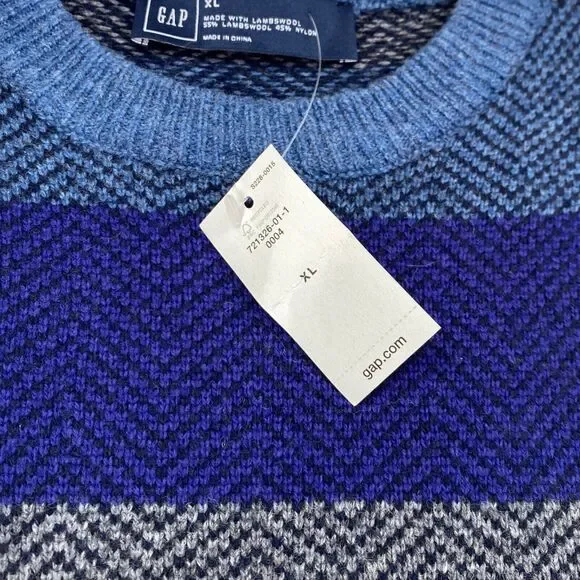 $59 Gap Sweater Mens Extra Large Lambs Wool Blue Striped Blend Herringbone - Picture 9 of 11